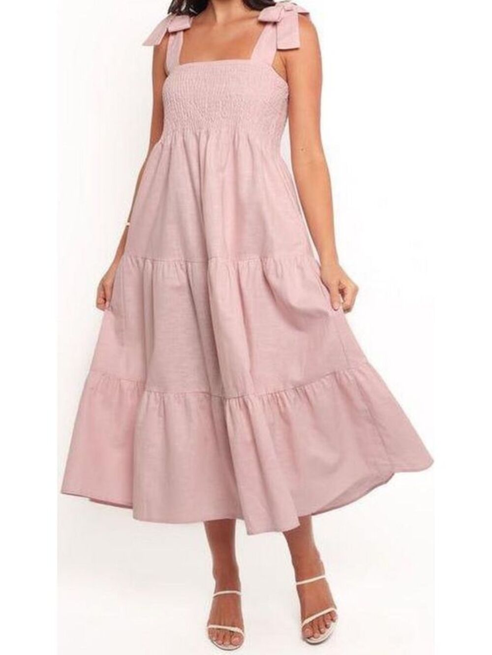 Petal + Pup Sarelle Pink Smocked Tiered Cotton Midi Dress Tie Shoulder Size 6